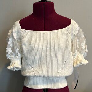 NWT French Connection Cream Cotton Sweater with Short Floral Lace Sleeves Size S